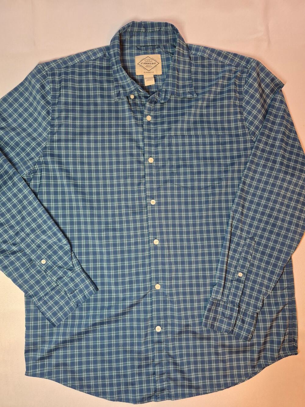 St. John's Bay Men's Plaid Button Front Long Sleeve Shirt L Blue Classic Fit